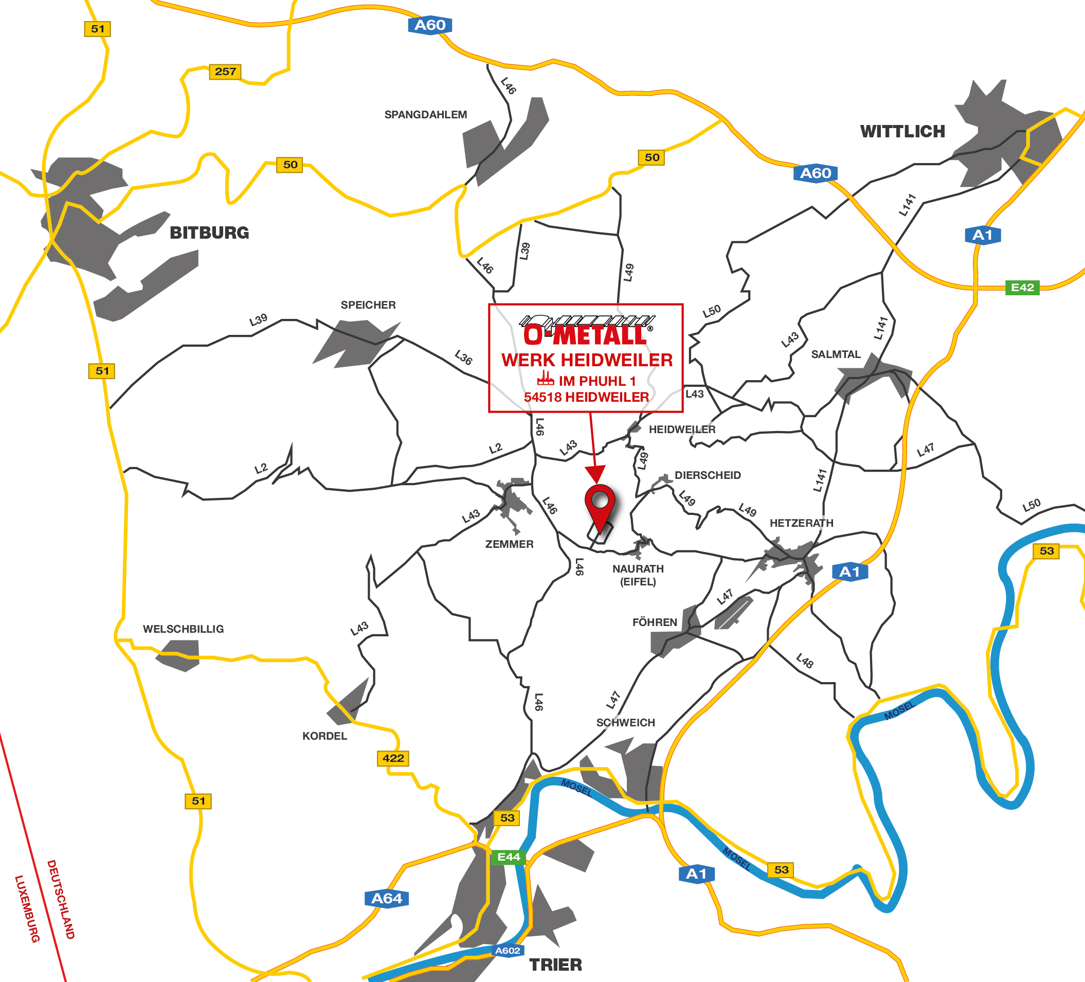 Kartenausschnitt der Region Bitburg, Trier, Wittlich mit Markierung des O-Metall Standorts Heidweiler